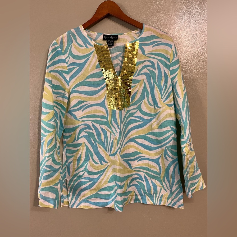 Marcel & Madison Women's Multicolor Sequin Top Tunic 100% Linen Boho M
